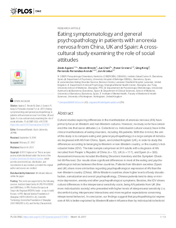 Eating symptomatology and general psychopathology in patients with anorexia nervosa from China, UK and Spain: a cross-cultural study examining the role of social attitudes Thumbnail