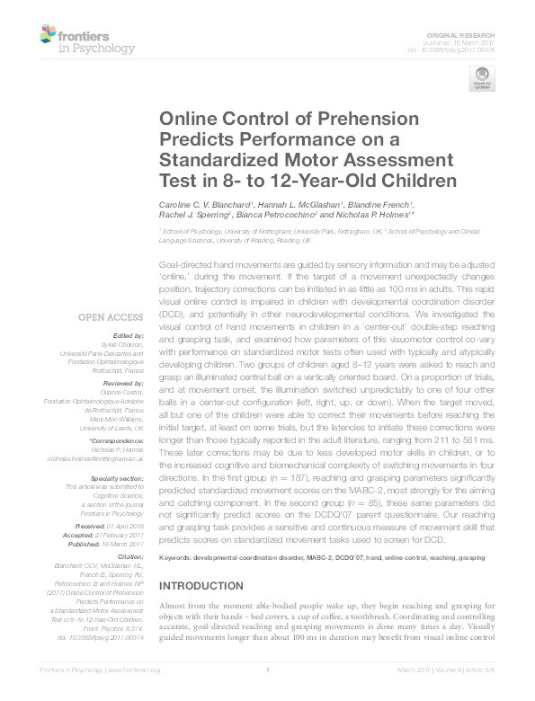 Online control of prehension predicts performance on a standardised motor assessment test in 8-12 year old children Thumbnail