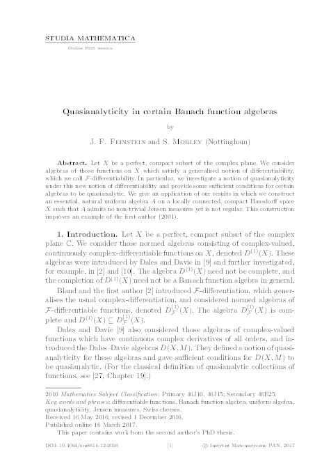 Quasianalyticity in certain Banach function algebras Thumbnail