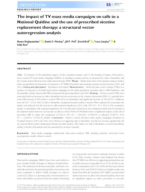 The impact of TV mass media campaigns on calls to a national quitline and the use of prescribed nicotine replacement therapy: a Structural vector autoregression analysis Thumbnail