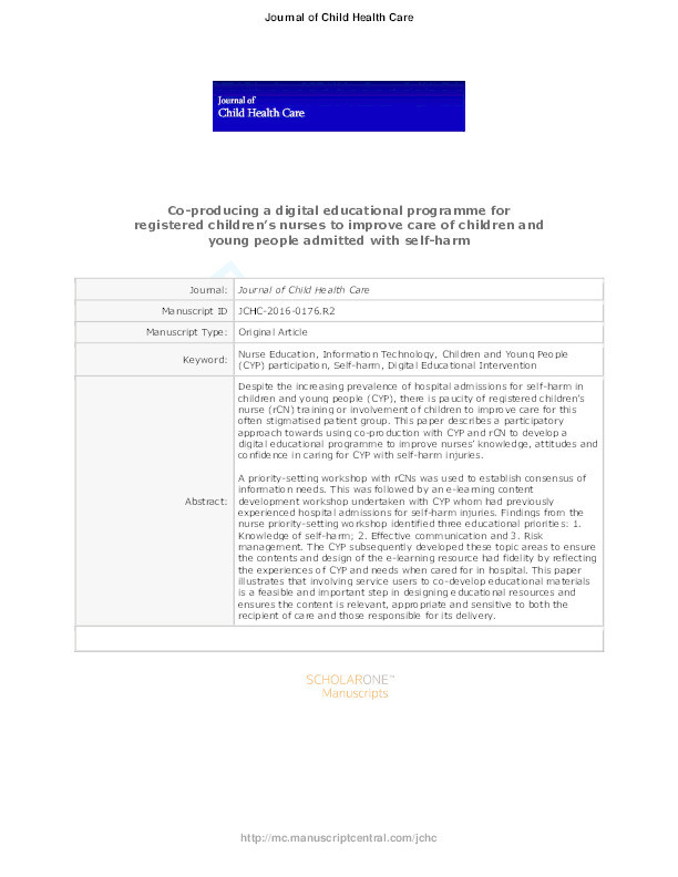 Co-producing a digital educational programme for registered children’s nurses to improve care of children and young people admitted with self-harm Thumbnail