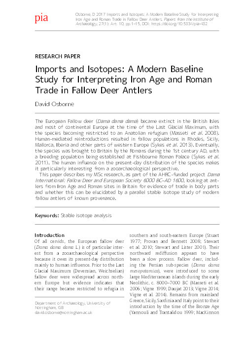 Imports and isotopes: a modern baseline study for interpreting Iron Age and Roman trade in fallow deer antlers Thumbnail