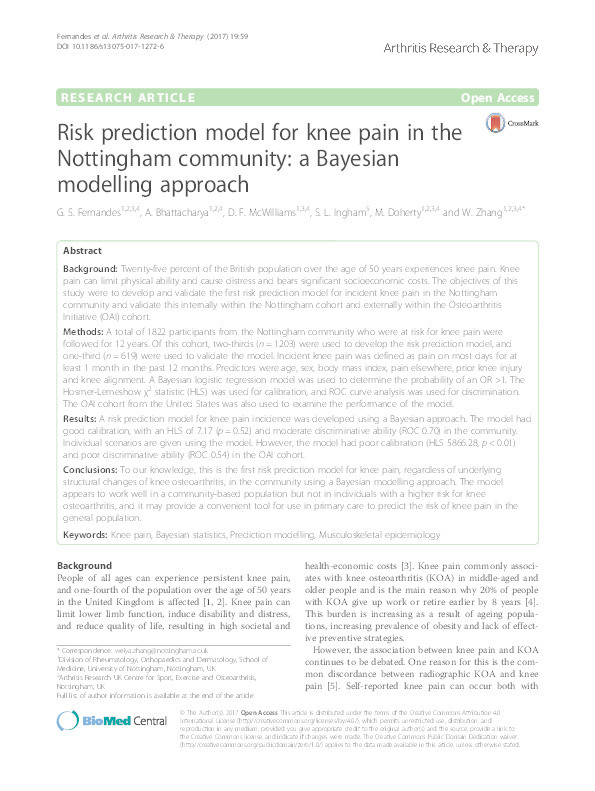Risk prediction model for knee pain in the Nottingham Community: a Bayesian modeling approach Thumbnail