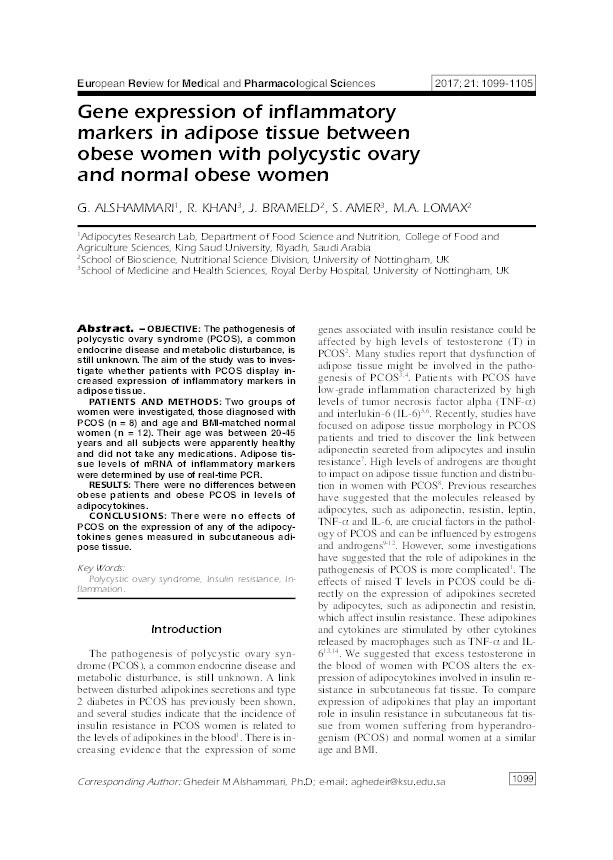 Gene expression of inflammatory markers in adipose tissue between obese women with polycystic ovary and normal obese women Thumbnail