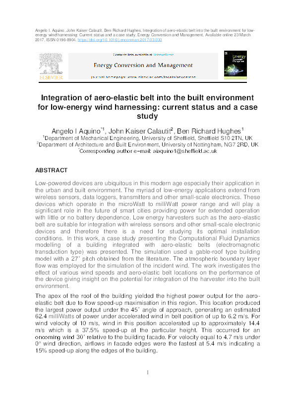 Integration of aero-elastic belt into the built environment for low-energy wind harnessing: current status and a case study Thumbnail