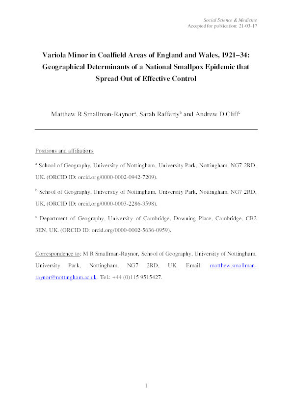 Variola minor in coalfield areas of England and Wales, 1921–34: geographical determinants of a national smallpox epidemic that spread out of effective control Thumbnail