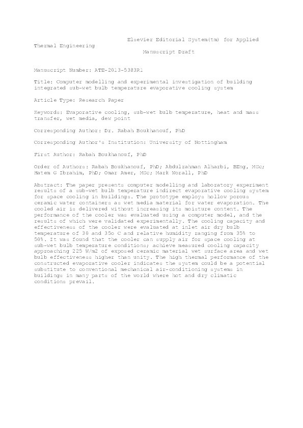 Computer modelling and experimental investigation of building integrated sub-wet bulb temperature evaporative cooling system Thumbnail