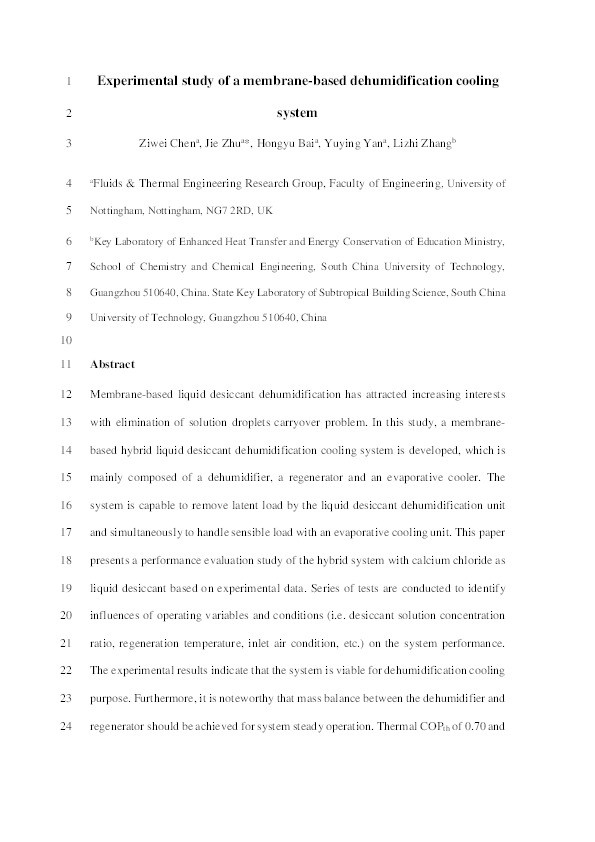 Experimental study of a membrane-based dehumidification cooling system Thumbnail