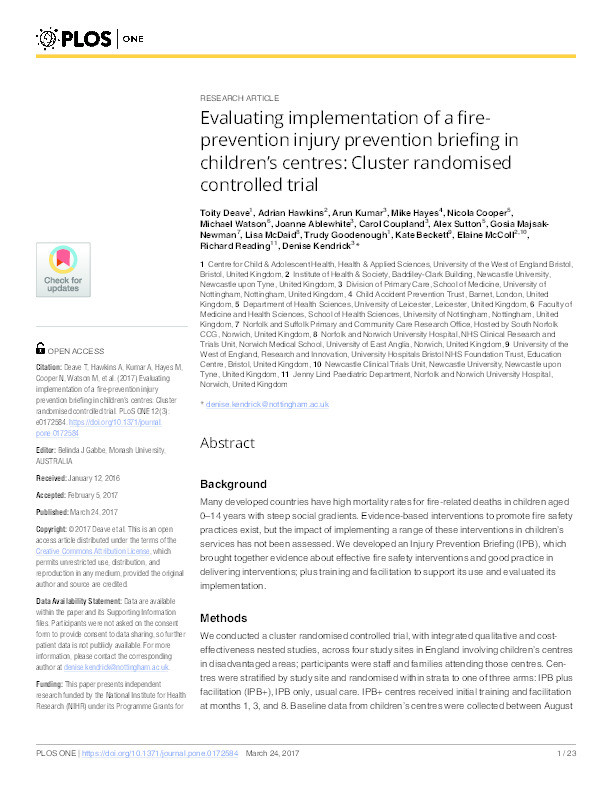 Evaluating implementation of a fire-prevention injury prevention briefing in children's centres: cluster randomised controlled trial Thumbnail