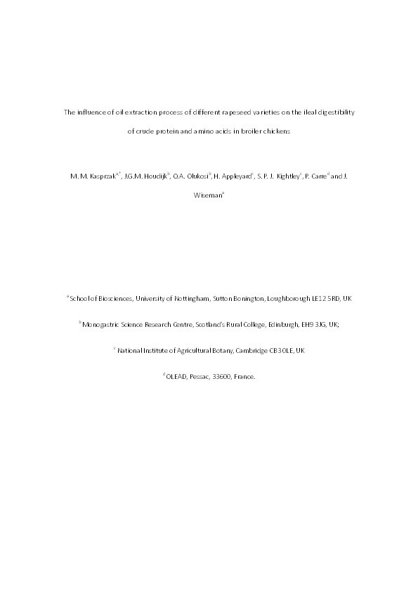 The influence of oil extraction process of different rapeseed varieties on the ileal digestibility of crude protein and amino acids in broiler chickens Thumbnail