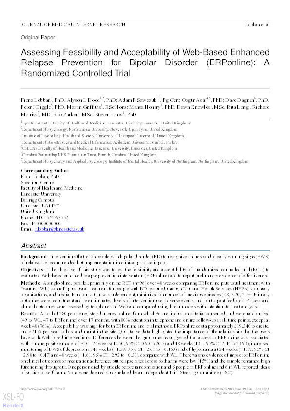 Assessing feasibility and acceptability of web-based enhanced relapse prevention for bipolar disorder (ERPonline): a randomized controlled trial Thumbnail