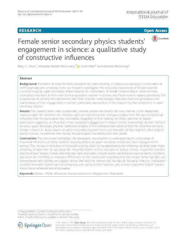 Female senior secondary physics students’ engagement in science: a qualitative study of constructive influences Thumbnail