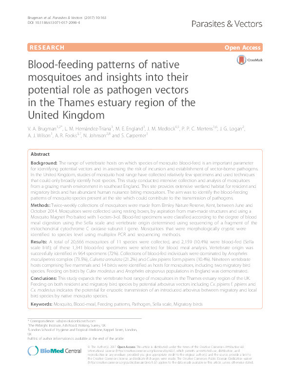 Blood-feeding patterns of native mosquitoes and insights into their potential role as pathogen vectors in the Thames estuary region of the United Kingdom Thumbnail
