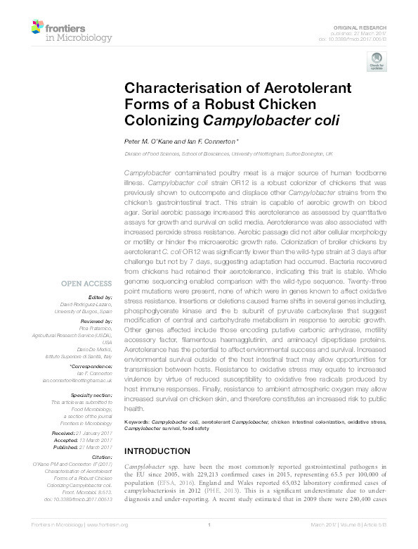Characterisation of aerotolerant forms of a robust chicken colonizing Campylobacter coli Thumbnail