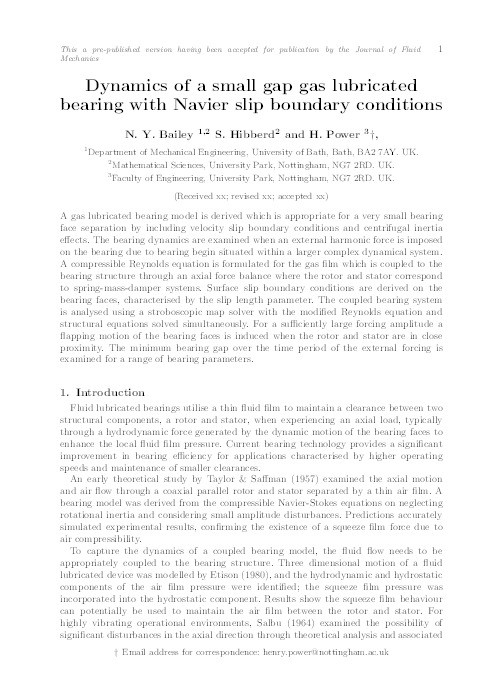 Dynamics of a small gap gas lubricated bearing with Navier slip boundary conditions Thumbnail