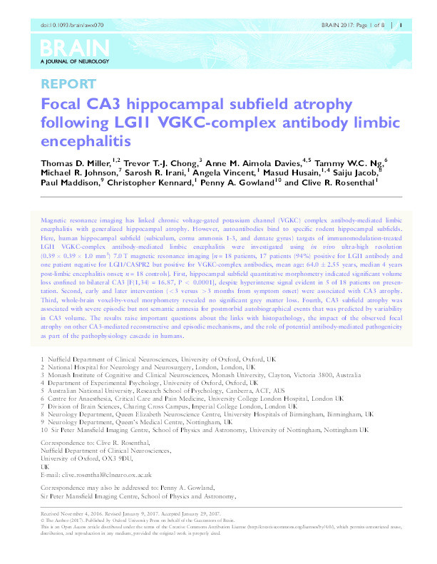 Focal CA3 hippocampal subfield atrophy following LGI1 VGKC-complex antibody limbic encephalitis Thumbnail