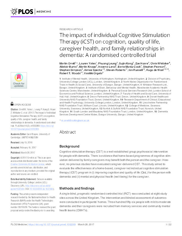 The impact of individual Cognitive Stimulation Therapy (iCST) on cognition, quality of life, caregiver health, and family relationships in dementia: a randomized controlled trial Thumbnail