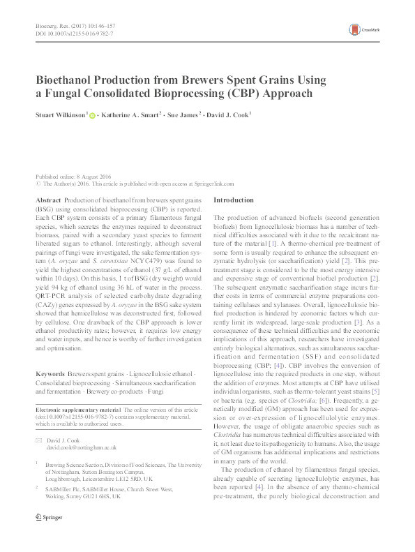 Bioethanol production from brewers spent grains using a fungal consolidated bioprocessing (CBP) approach Thumbnail