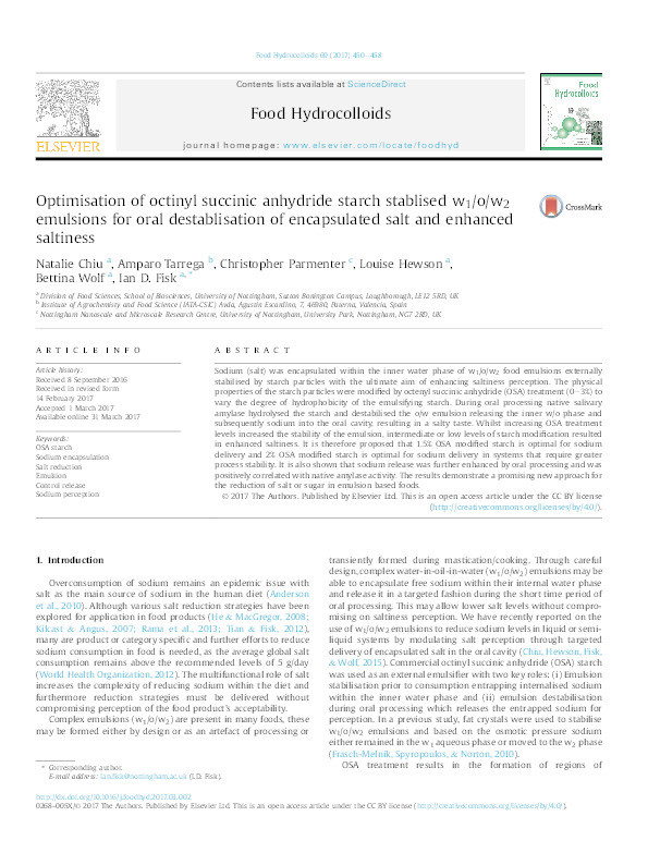 Optimisation of octinyl succinic anhydride starch stablised w1/o/w2 emulsions for oral destablisation of encapsulated salt and enhanced saltiness Thumbnail