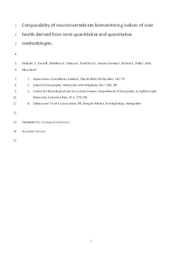 Comparability of macroinvertebrate biomonitoring indices of river health derived from semi-quantitative and quantitative methodologies Thumbnail