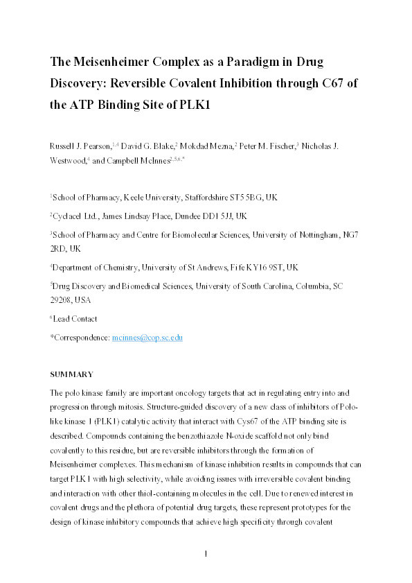 The Meisenheimer Complex as a Paradigm in Drug Discovery: Reversible Covalent Inhibition through C67 of the ATP Binding Site of PLK1 Thumbnail