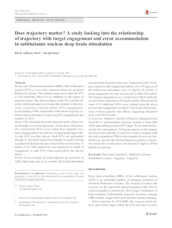 Does trajectory matter? A study looking into the relationship of trajectory with target engagement and error accommodation in subthalamic nucleus deep brain stimulation Thumbnail