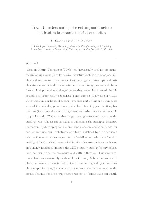 Towards understanding the cutting and fracture mechanism in ceramic matrix composites Thumbnail