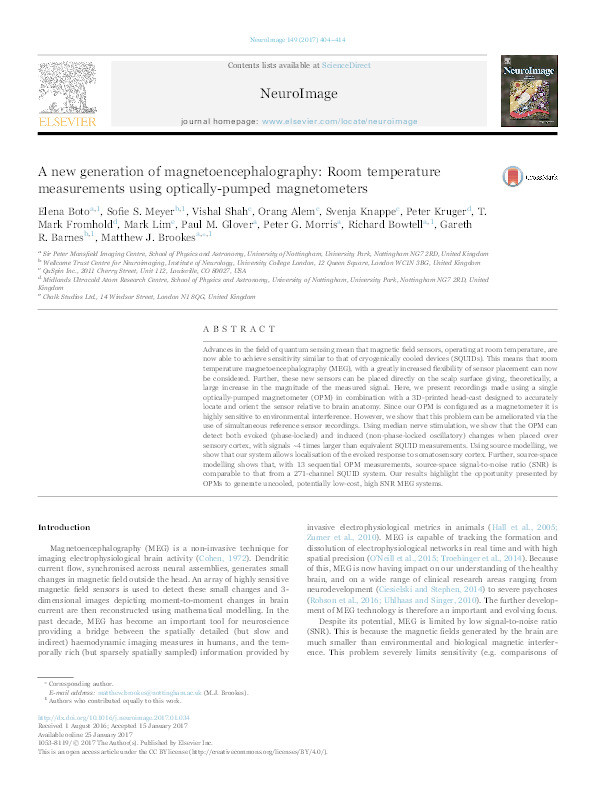 A new generation of magnetoencephalography: Room temperature measurements using optically-pumped magnetometers Thumbnail