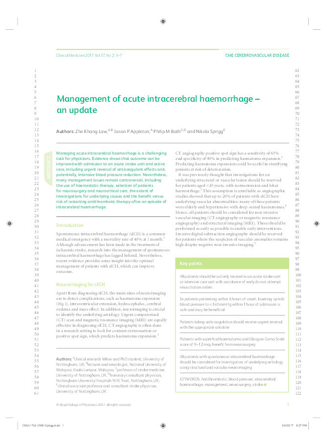 Management of acute intracerebral haemorrhage – an update Thumbnail