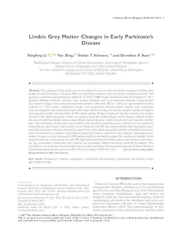 Limbic grey matter changes in early Parkinson's disease Thumbnail