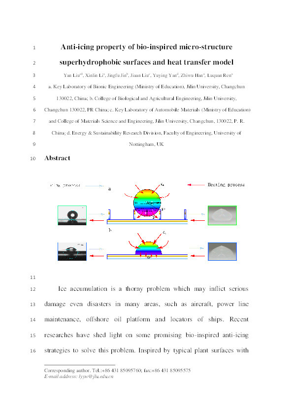 Anti-icing property of bio-inspired micro-structure superhydrophobic surfaces and heat transfer model Thumbnail