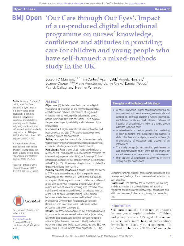 "Our Care through our eyes": impact of a co-produced digital education programme on nurses' knowledge, confidence and attitudes in providing care for children and young people who have self-harmed: a mixed-methods study in the UK Thumbnail