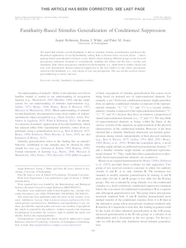 Familiarity-based stimulus generalization of conditioned suppression Thumbnail