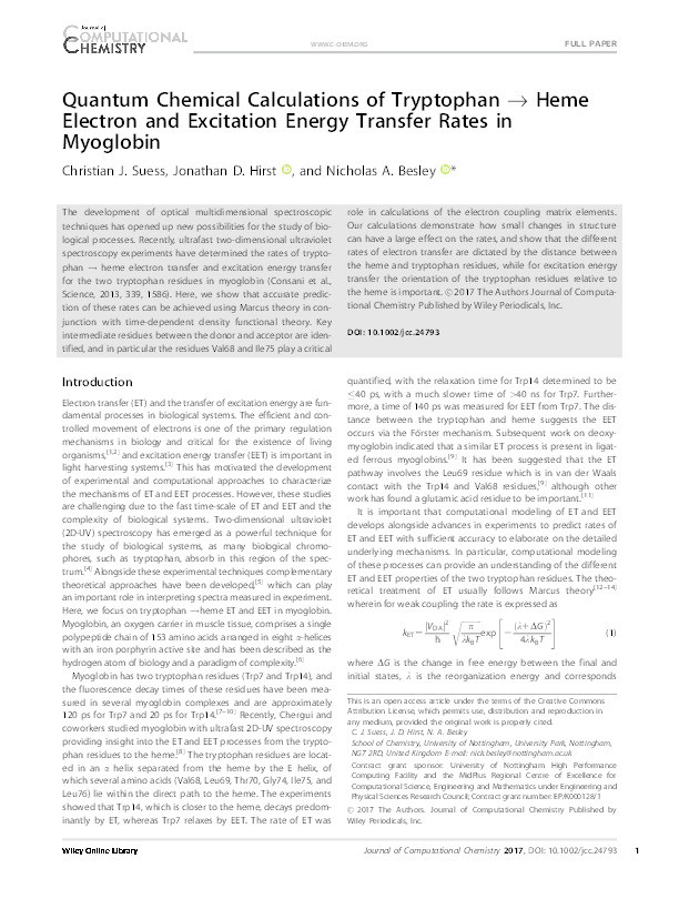 Quantum chemical calculations of tryptophan?heme electron and excitation energy transfer rates in myoglobin Thumbnail