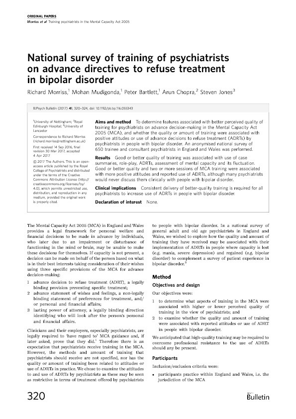 National survey of training of psychiatrists on advance directives to refuse treatment in relation to bipolar disorder Thumbnail