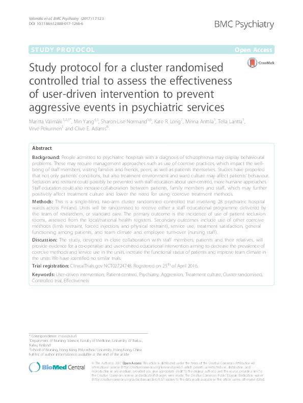 Study protocol for a cluster randomised controlled trial to assess the effectiveness of user-driven intervention to prevent aggressive events in psychiatric services Thumbnail