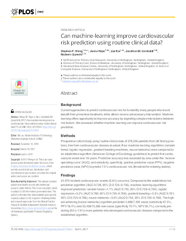 Can machine-learning improve cardiovascular risk prediction using routine clinical data Thumbnail