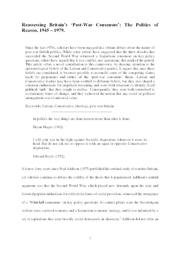 Reassessing Britain’s ‘Post-war consensus’: the politics of reason 1945–1979 Thumbnail