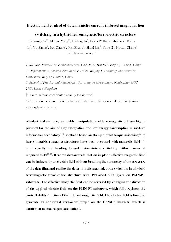 Electric field control of deterministic current-induced magnetization switching in a hybrid ferromagnetic/ferroelectric structure Thumbnail