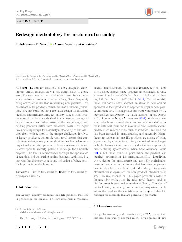 Redesign methodology for mechanical assembly Thumbnail