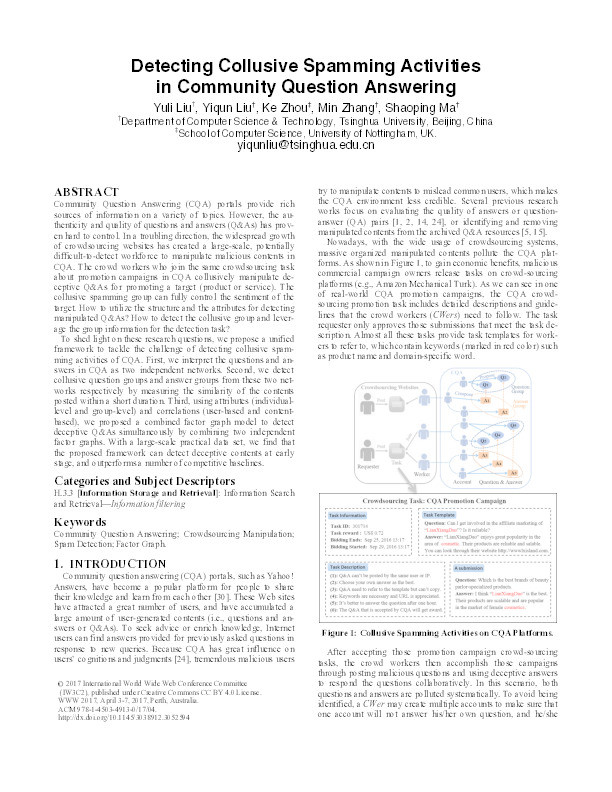 Detecting collusive spamming activities in community question answering Thumbnail