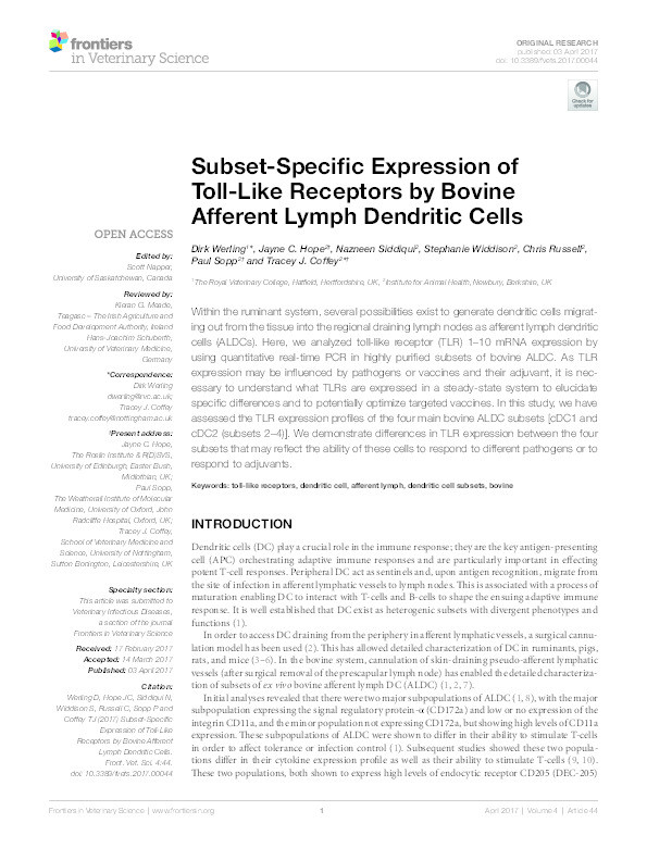 Subset-specific expression of toll-like receptors by bovine afferent lymph dendritic cells Thumbnail