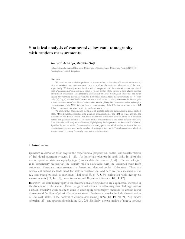 Statistical analysis of compressive low rank tomography with random measurements Thumbnail
