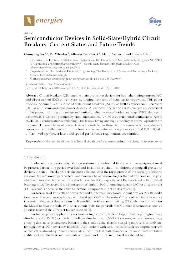Semiconductor devices in solid-state/hybrid circuit breakers: current status and future trends Thumbnail