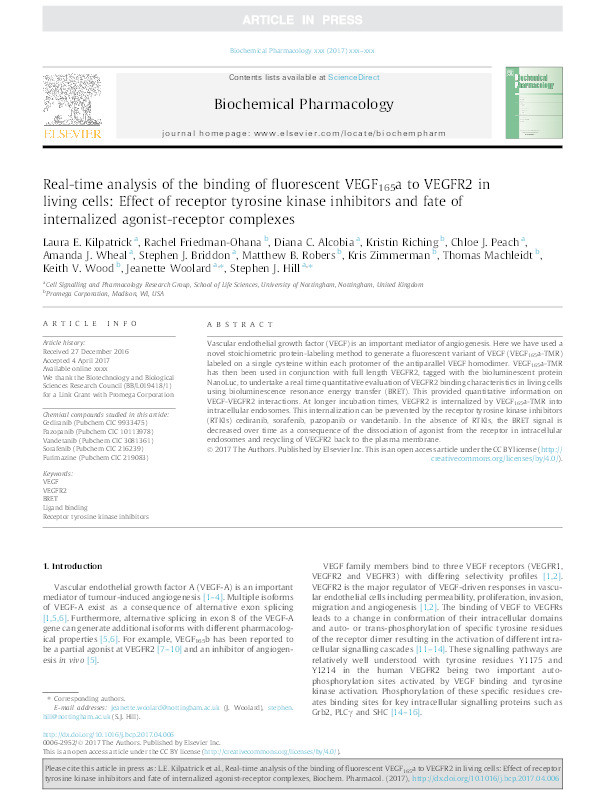 Real-time analysis of the binding of fluorescent VEGF165a to VEGFR2 in living cells: Effect of receptor tyrosine kinase inhibitors and fate of internalized agonist-receptor complexes Thumbnail