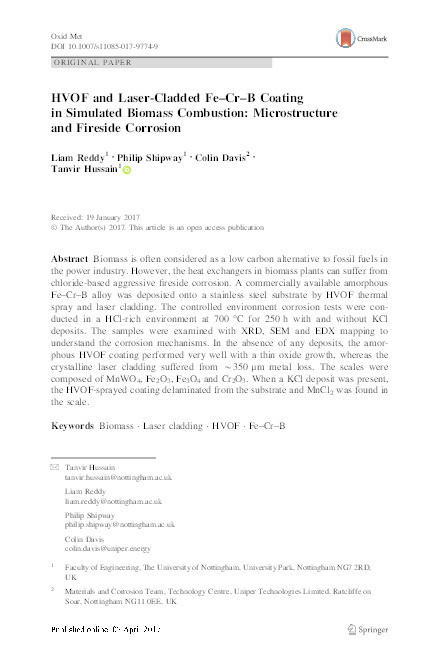 HVOF and laser cladded Fe-Cr-B coating in simulated biomass combustion: microstructure and fireside corrosion Thumbnail