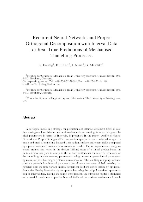Recurrent neural networks and proper orthogonal decomposition with interval data for real-time predictions of mechanised tunnelling processes Thumbnail