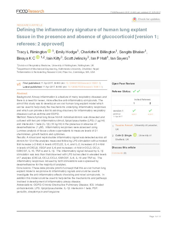 Defining the inflammatory signature of human lung explant tissue in the presence and absence of glucocorticoid Thumbnail