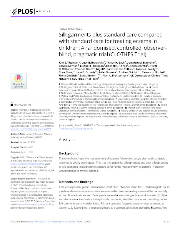 Silk garments plus standard care compared with standard care for treating eczema in children: A randomised, controlled, observer-blind, pragmatic trial (CLOTHES Trial) Thumbnail