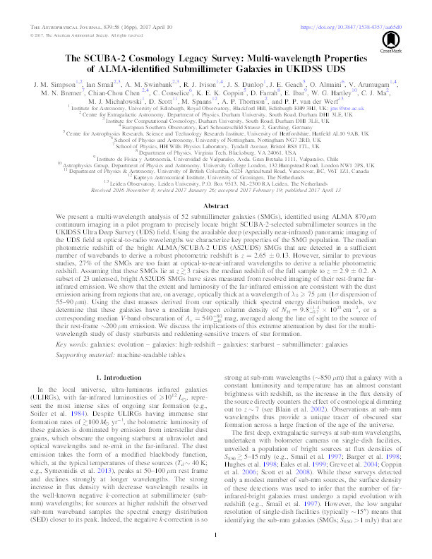 The SCUBA-2 Cosmology Legacy Survey: multi-wavelength properties of ALMA-identified submillimeter galaxies in UKIDSS UDS Thumbnail